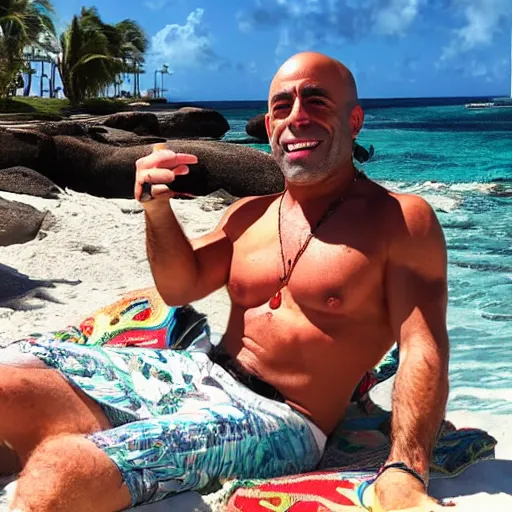 Image similar to joe rogan chilling in aruba on lsd, psychedelic