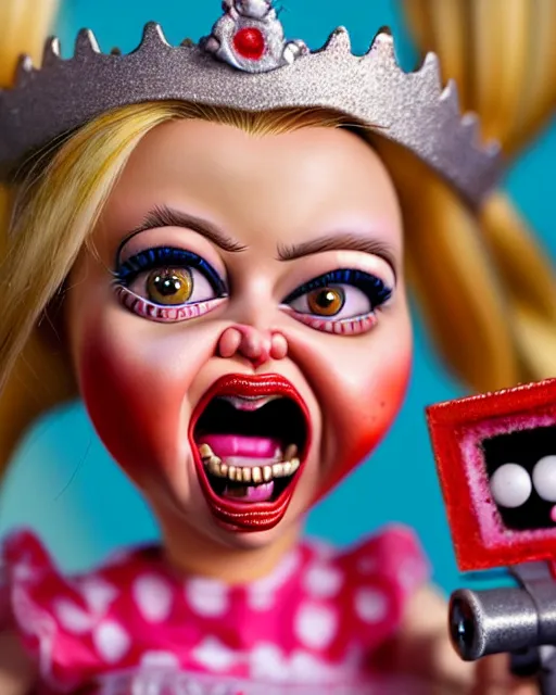Image similar to closeup profile portrait of a tin toy ivanka trump screaming as a fairytale princess chucky doll wearing a crown and eating cakes, bikini, hyper realistic, artstation, illustration, nicoletta ceccoli, mark ryden, lostfish, max fleischer, digital paint, matte paint, vivid colors, bright, cheerful, detailed and intricate environment