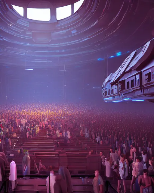 Image similar to scifi movie scene unreal engine 5 render of a crowd in a futuristic church by craig mullins and ghibli, strong contrast, priest, pews, ethereal, inviting, bright, raking light, hyper realism, realistic shading, cinematic composition, blender render, octane render, hdr, detailed textures, photorealistic, wide shot