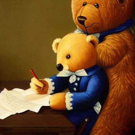Image similar to a beautiful complex painting of a teddy bear writing a note of the declaration of the american revolution