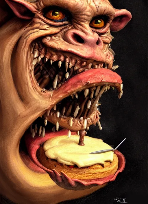 Image similar to closeup profile face portrait of a medieval goblin eating cakes in the cloisters, beautiful face, hyper realistic, highly detailed, digital painting, artstation, illustration, concept art by hyung tae, frank frazetta, bosch, giger, digital paint, matte paint, washed colors, dark, gloomy