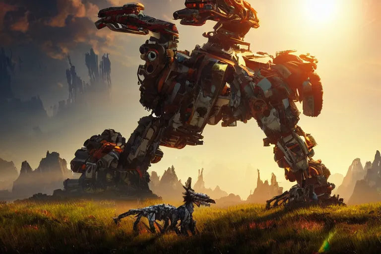 Image similar to scrapper machine creature robot of horizon forbidden west horizon zero dawn radiating a glowing aura global illumination ray tracing hdr fanart arstation by ian pesty and alena aenami artworks in 4 k