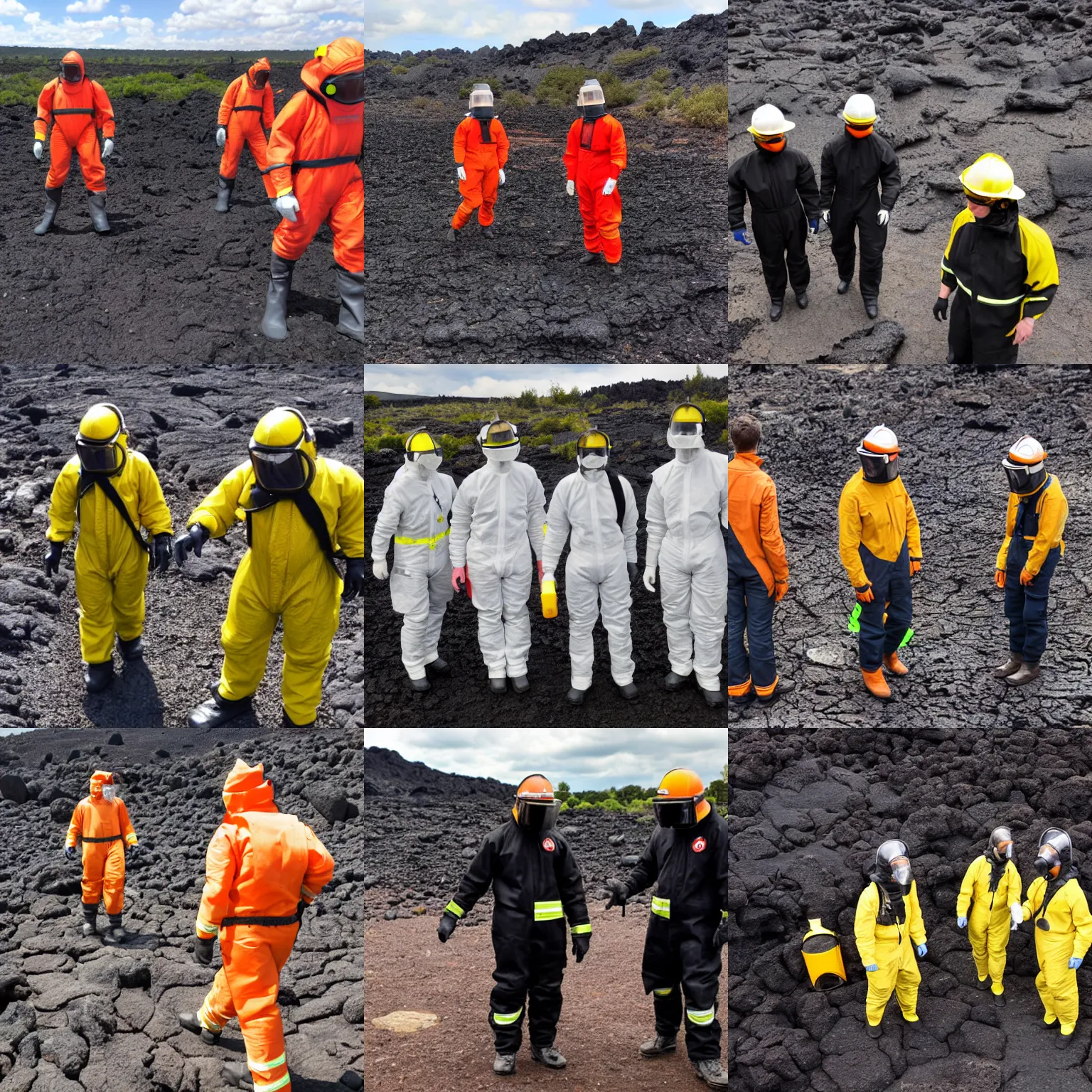 Prompt: scientists in a fire proximity suit exploring the lava fields in paris