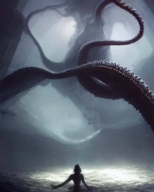 Image similar to A matted painting of a sea monster with many tentacles, on an underwater environment with expansive views of space, dark and moody, inspired by greg rutkowski and Keith Mallett, digital art, extremely moody lighting, glowing light and shadow, atmospheric, shadowy, cinematic