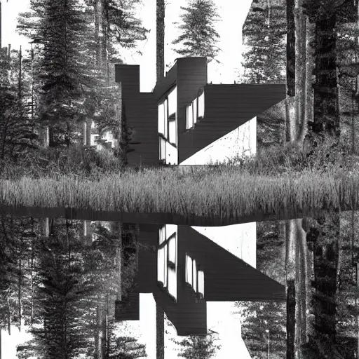 Image similar to a giant brutalist building in the forest in russia, building facing, reflections, symmetry, highly detailed, golden ratio, black and white color scheme, etching render