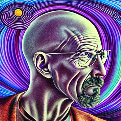 Image similar to psychedelic portrait of walter white painted by alex grey, tool album cover art