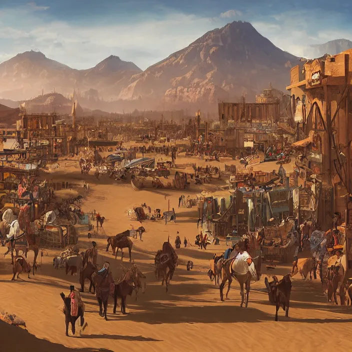Image similar to old western style city bustling with people in the middle of a sandy flat desert with a single mountain on the very distant horizon. magic the gathering art, digital media