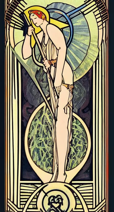 Image similar to a tarot card of death with a scythe, illustrated in an art deco style by tamara de lempika and an elegant border by alphonse mucha.