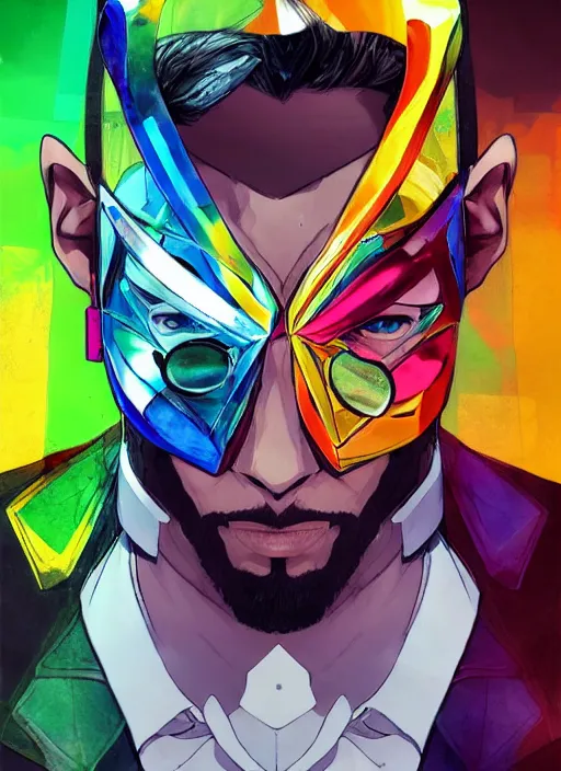 Image similar to Half body portrait of a god of intellect, a man in a rainbow tuxedo wearing a shattered mirror mask. In style of Yoji Shinkawa and Hyung-tae Kim, trending on ArtStation, dark fantasy, great composition, concept art, highly detailed, dynamic pose.