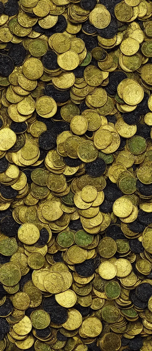 Image similar to green and black gold coins, extremely detailed, 8 k oil painting