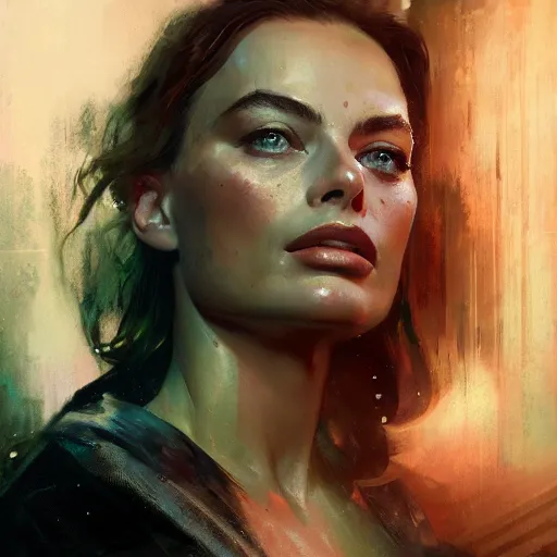 Image similar to margot robbie, hyperrealistic portrait, bladerunner street, art of elysium by jeremy mann and alphonse mucha, fantasy art, photo realistic, dynamic lighting, artstation, poster, volumetric lighting, very detailed face, 4 k, award winning