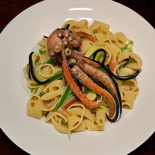 Prompt: octopus and pasta primavera fine dining directional light