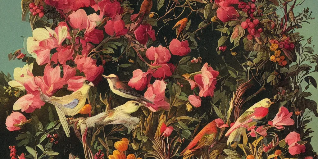 Prompt: vintage illustration, bizarre compositions, blend of flowers, fruits, birds by beto val, john james audubon, exquisite detail