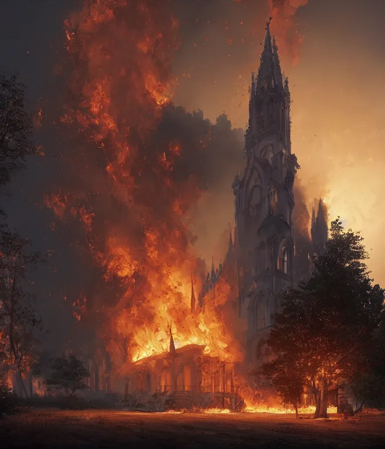 Image similar to a beautiful hyperrealistic detailed 3D render of a burning church, by Anton Otto Fischer, Atey Ghailan, genzoman, unreal engine, octane render, gigantic, 3D, brilliantly coloured, intricate, ultra wide angle, trending on artstation, embers, smoke, dust, dusk, volumetric lighting, HDR, polished, micro details, ray tracing, 8k