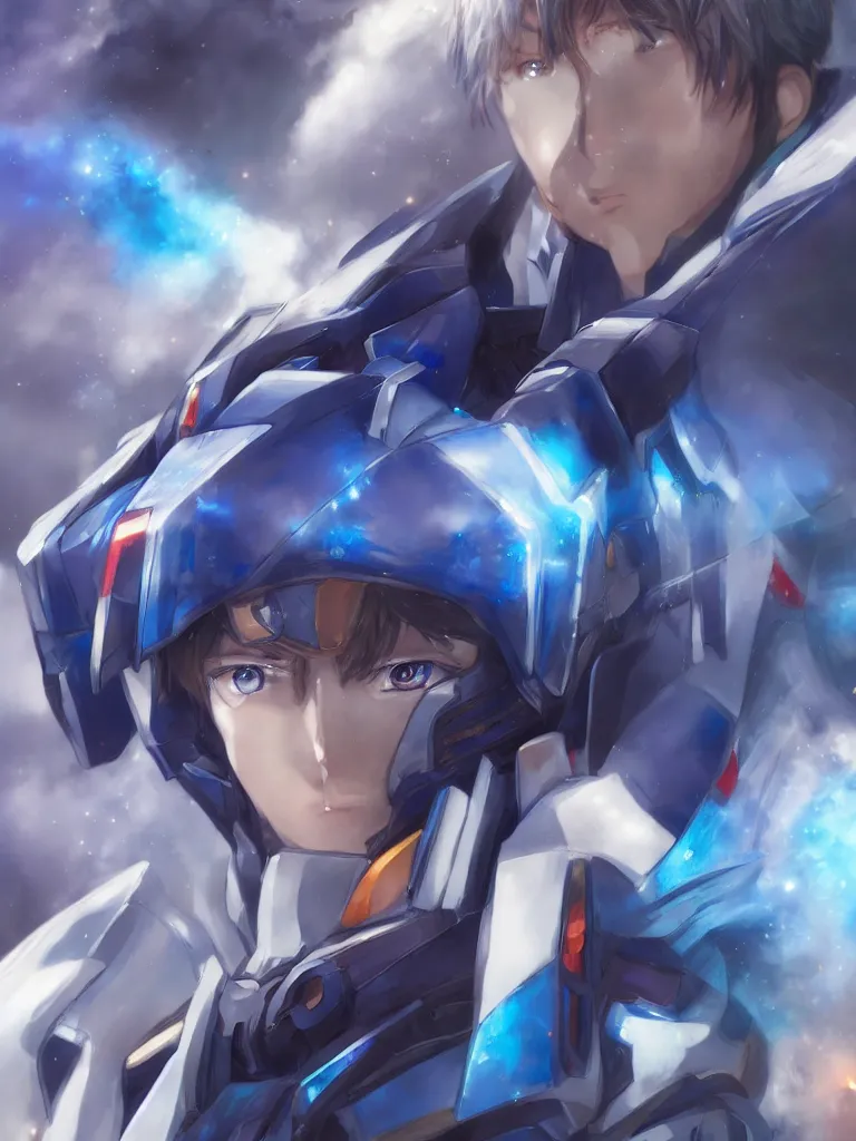 Prompt: A realistic anime portrait of a man in a Gundam suit with glowing blue, digital painting, by Stanley Artgerm Lau, Sakimichan, WLOP and Rossdraws, digtial painting, trending on ArtStation, SFW version