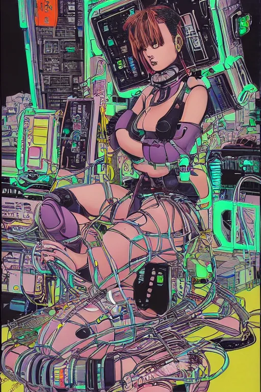 Prompt: a crazy cyberpunk illustration of a female android seated on the floor in a tech labor, seen from the side with her body open showing cables and wires coming out, by masamune shirow and katsuhiro otomo, japan, 1980s, dark, colorful