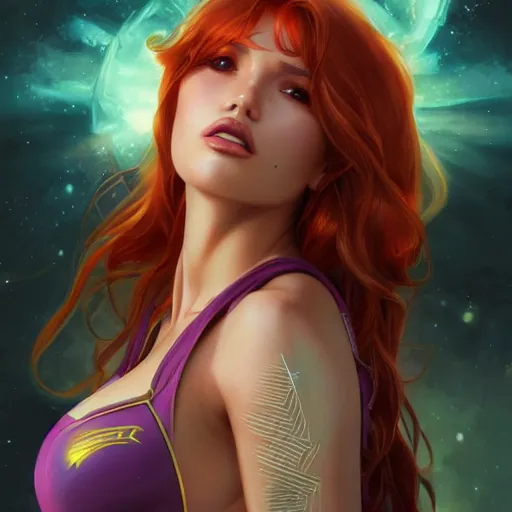 Image similar to ultra realistic illustration, bella thorne as starfire anime, intricate, elegant, highly detailed, digital painting, artstation, concept art, smooth, sharp focus, illustration, art by artgerm and greg rutkowski and alphonse mucha and wlop