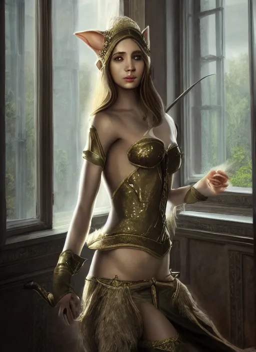 Prompt: A hyperrealistic fantasy portrait painting of a young female elf with stunning body in a rich castle setting, DAZ, hyperrealistic, ambient light, dynamic light, vray, nvidia, hires