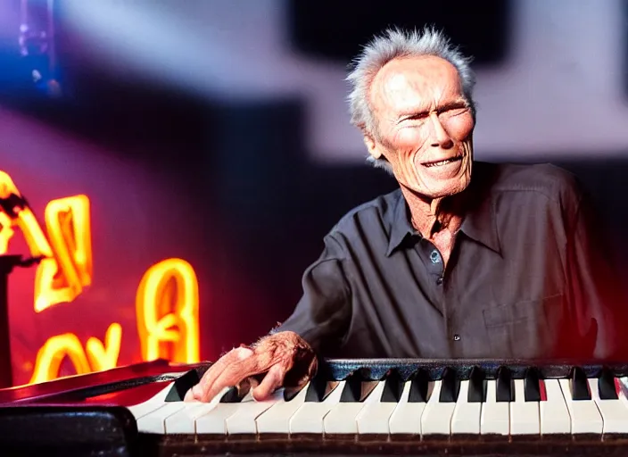 Image similar to photo still of clint eastwood on stage at vans warped tour!!!!!!!! at age 6 8 years old 6 8 years of age!!!!!!!! playing a piano on fire, 8 k, 8 5 mm f 1. 8, studio lighting, rim light, right side key light