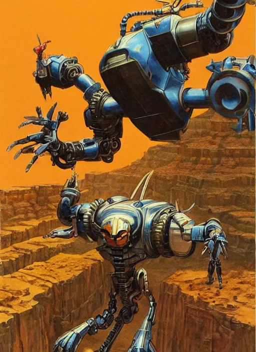 Prompt: realistic physically based rendering of a giant mechanical robot wasp at the grand canyon by jack kirby!!! and simon bisley, epic, awesome trendy color palette, cinematic, diorama