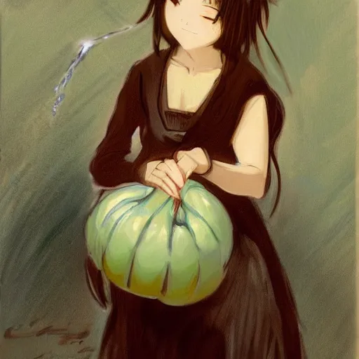 Image similar to anime girl pouring water from a gourd in the style of john singer sargent