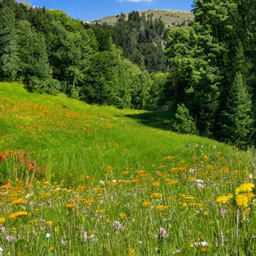 Image similar to An idyllic meadow, with wildflowers blooming and a gentle breeze blowing, peaceful and serene.