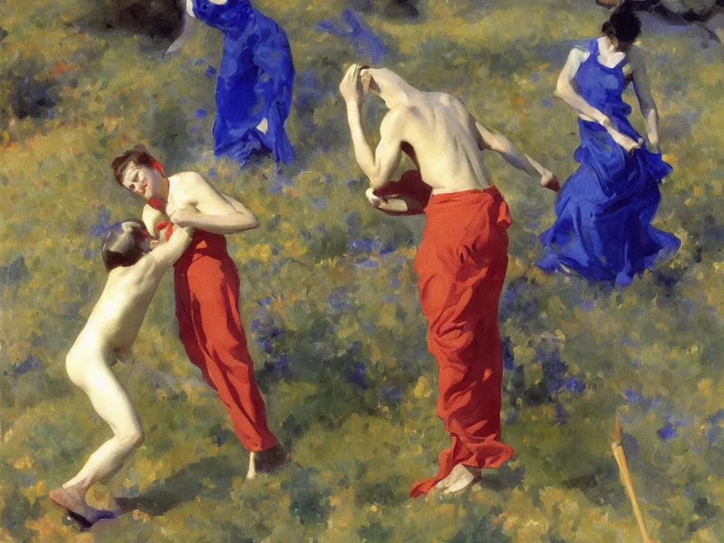 Prompt: painter fighting with lapis-lazuli, malachite, cinnabar pigments. Painting by John Singer Sargent.