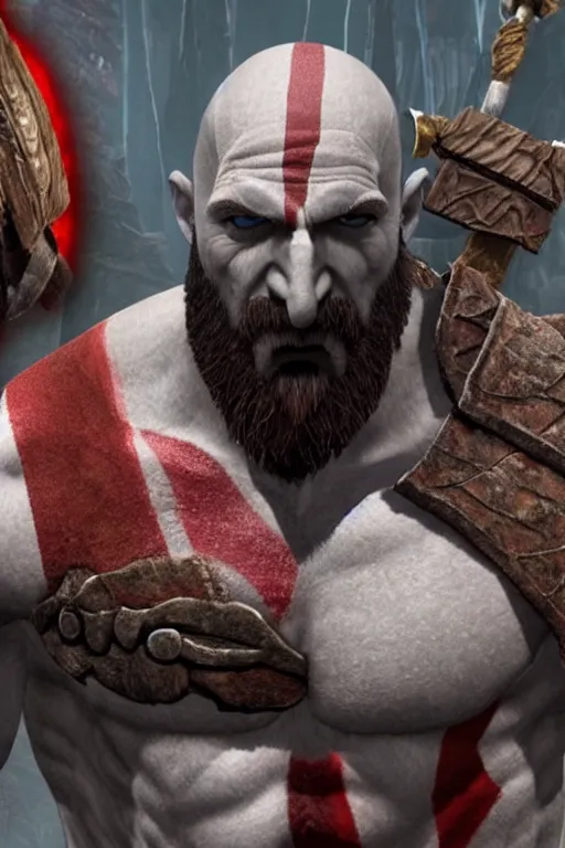 Prompt: TV news interviewing Kratos from god of war