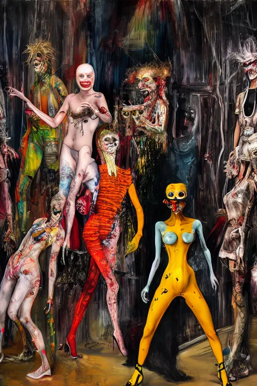 Image similar to crazy fashion catwalk, freak show, crazy clothes, biopunk style, horror, hauntingly surreal, highly detailed painting by francis bacon, edward hopper, adrian ghenie, gerhard richter, and james jean soft light 4 k,