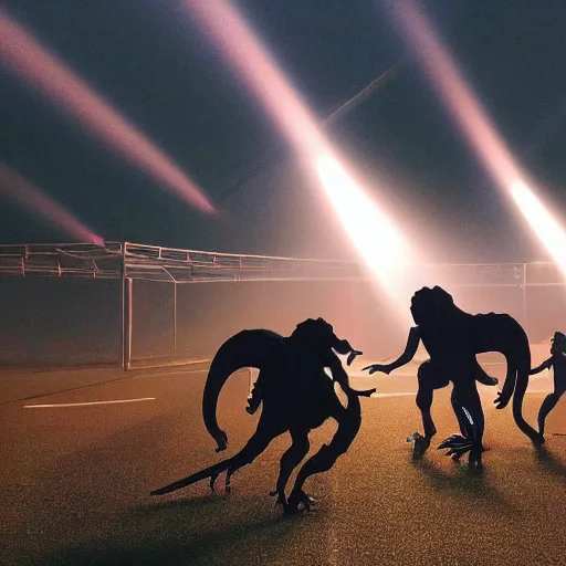 Prompt: action shot of dinosaurs playing sports while meteors streak across the sky leaving trails of fire, light fog, street lights, god rays, beautiful