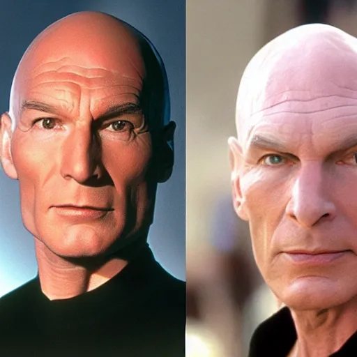 Image similar to captain picard with shoulder length wavy hair, long hair, hair stylist photo