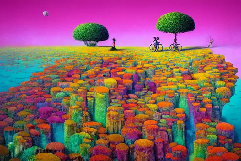 Image similar to surreal glimpse into other universe, riding beca malacca, summer morning, very coherent and colorful high contrast, art by!!!! gediminas pranckevicius!!!!, geof darrow, floralpunk screen printing woodblock, dark shadows, hard lighting, stipple brush technique,