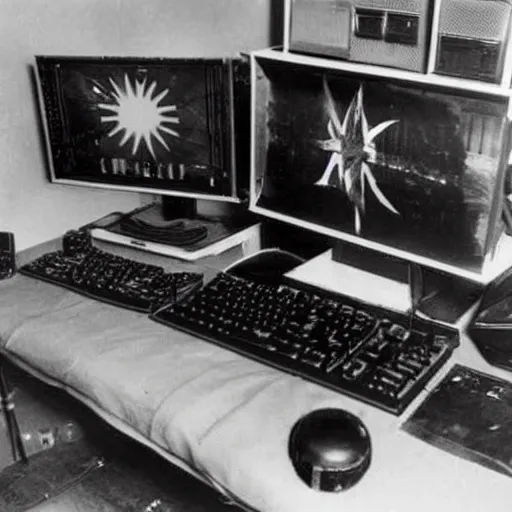 Image similar to ww 2 photograph of a pc gaming setup