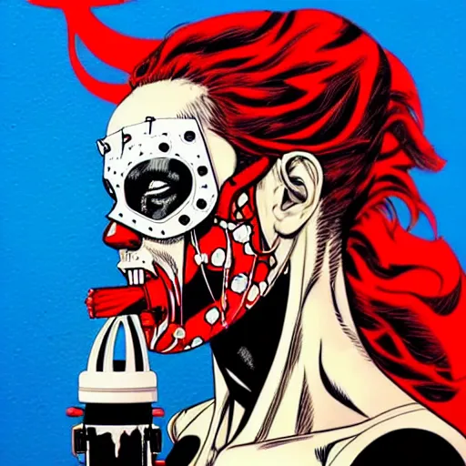 Prompt: a profile photo of a devil with a diving oxygen mask with side profile blood in ocean intricate details by MARVEL comics and Sandra Chevrier-C