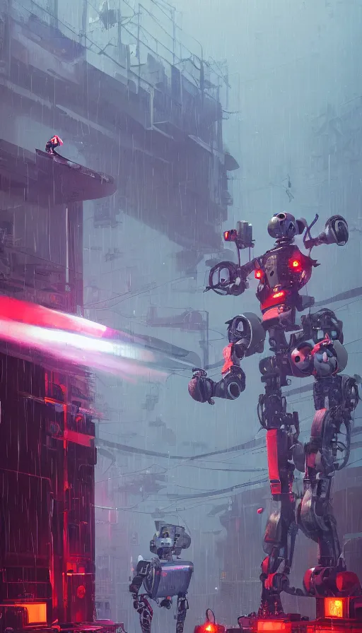 Prompt: a dieselpunk robot duels a cyberpunk robot, raining, sharp focus, james gilleard, cinematic, game art, extremely detailed digital painting