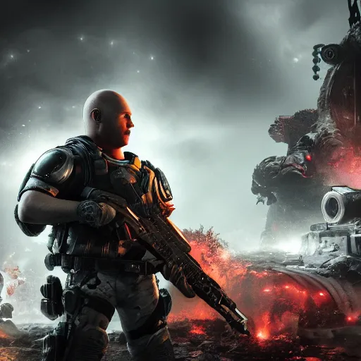 Image similar to Peppa pig in Gears of War, splash art, movie still, cinematic lighting, dramatic, octane render, long lens, shallow depth of field, bokeh, anamorphic lens flare, 8k, hyper detailed, 35mm film grain