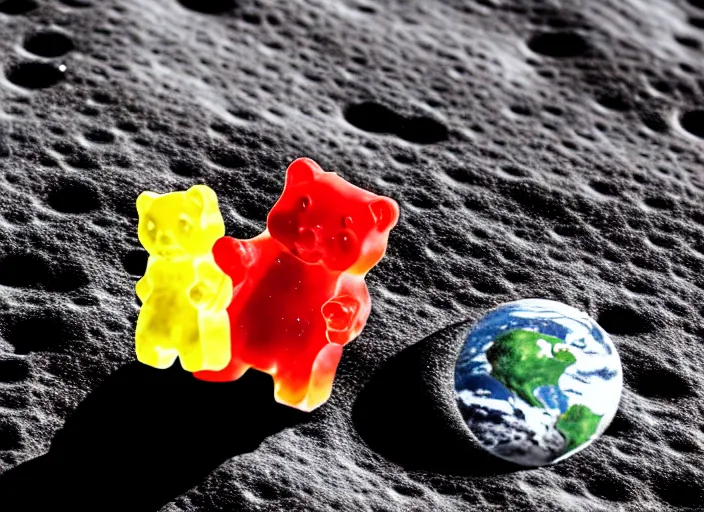 Prompt: a gummy bear walking on the moon staring back at a tiny earth, photorealistic