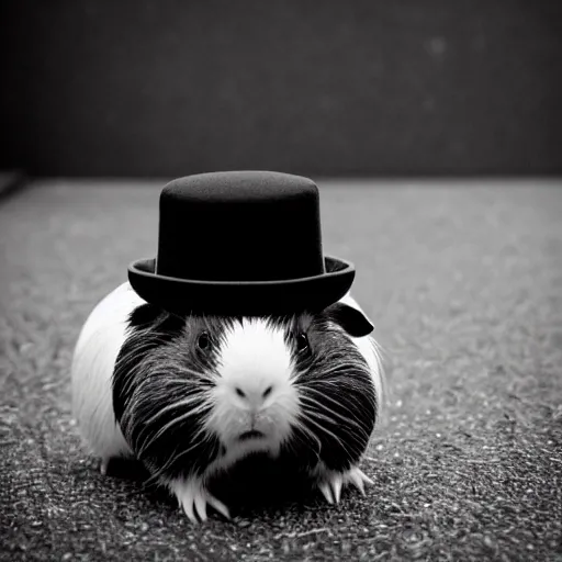 Prompt: a guinea pig wearing a bowler hat, grainy black and white photograph