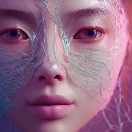 Prompt: intricate highly detailed face portrait of asian - european woman, light blue - pink water vines on her face, intricate, cgsociety, unreal engine, octane render, sharp focus, smooth, volumetric lighting, cinematic composition, artstation