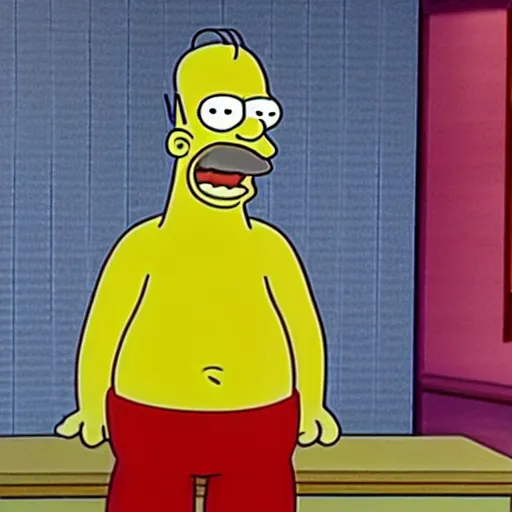 Image similar to a still of a public acess tv show of a man poorly dressed like homer simpson