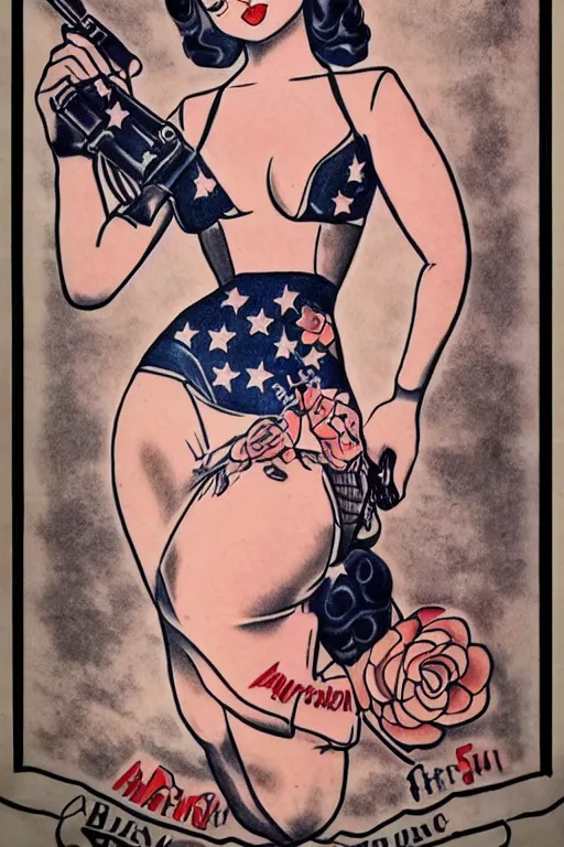 Prompt: traditional American tattoo of a pinup doll, WWII style, detailed