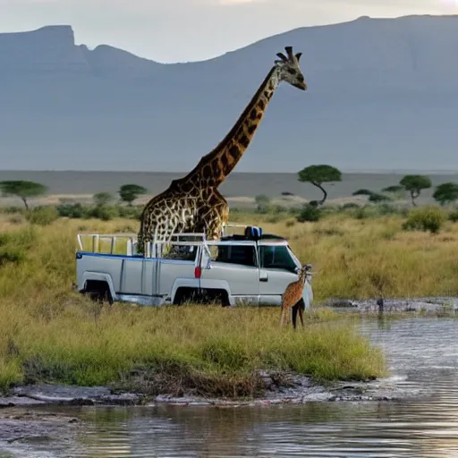 Image similar to a giraffe driving a safari car in south africa watching humans gathering in a giant river