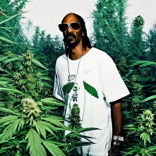 Image similar to Snoop Dogg in a marijuana field, cinematic lighting, award winning photography