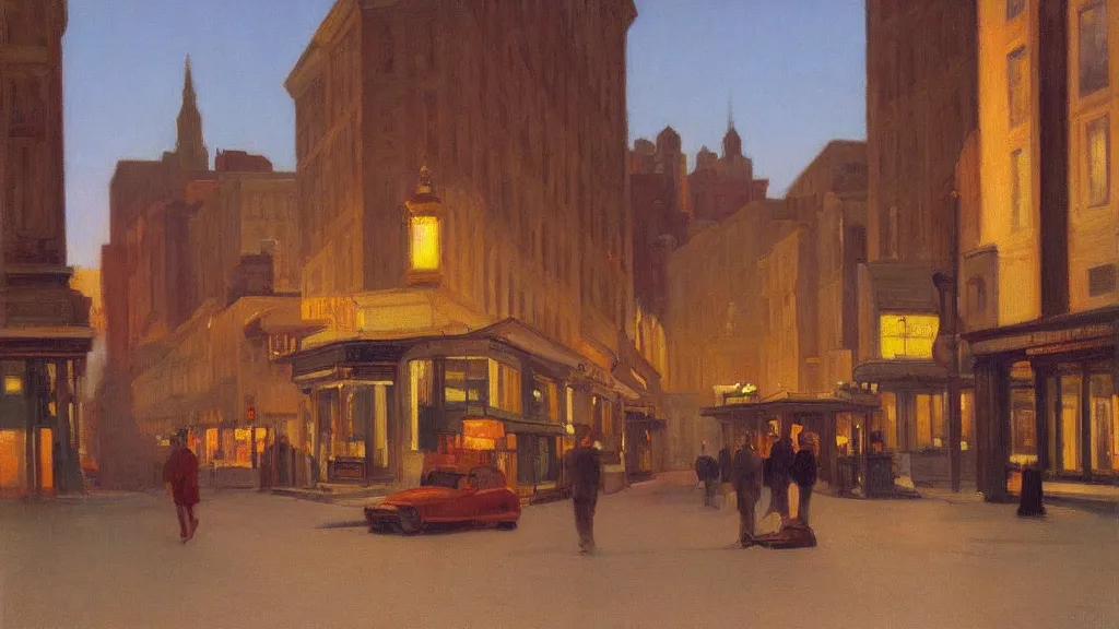 Image similar to city street at dusk by james gurney and edward hopper