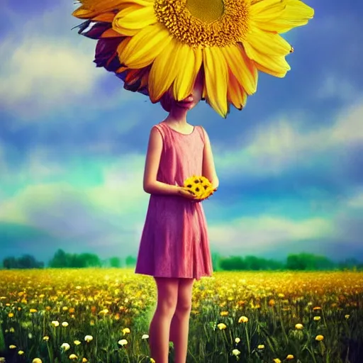 Image similar to giant daisy flower head, portrait of girl in flower field, holding daisy, surreal photography, sunrise, impressionist painting, colorful clouds, digital painting, artstation, simon stalenhag, flower face