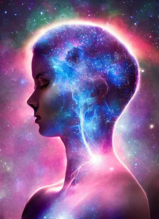 Image similar to Portrait shot of a beautiful girl with a nebula representing neurology beautifully emulating from her head