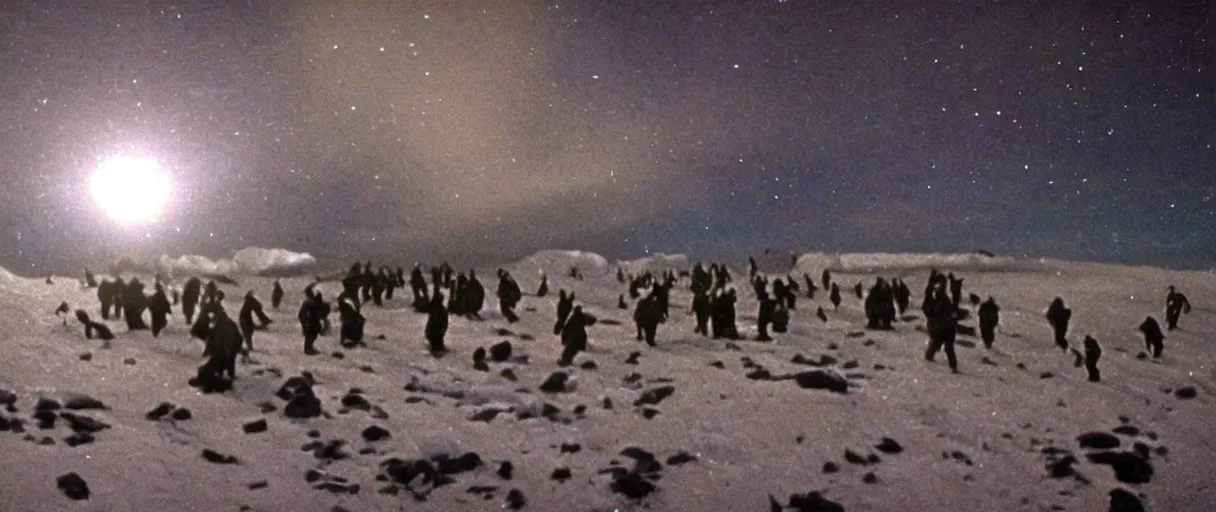 Image similar to filmic extreme close up shot movie still 4 k uhd exterior shot 3 5 mm film color photograph of a terrifying crowd of people being attacked by other people with tentacles and blood faces around mcmurdo station in antarctica at night with the northern lights lighting up the sky, only color images, in the style of the horror film the thing 1 9 8 2