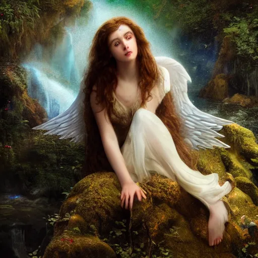 Prompt: a cinematic portrait of a romantic pre - raphaelite fairy angel with wings, sitting in a mystical waterfall cave, golden sunrays, matte painting, highly detailed, 8 k