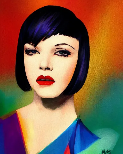 Image similar to full length portrait of 2 0 year old mary louise brooks dancing, shiny bob haircut, dramatic light, abstract art deco city background, air brush art, high contrast, sharp,, painted by ross tran 1 9 2 0 s