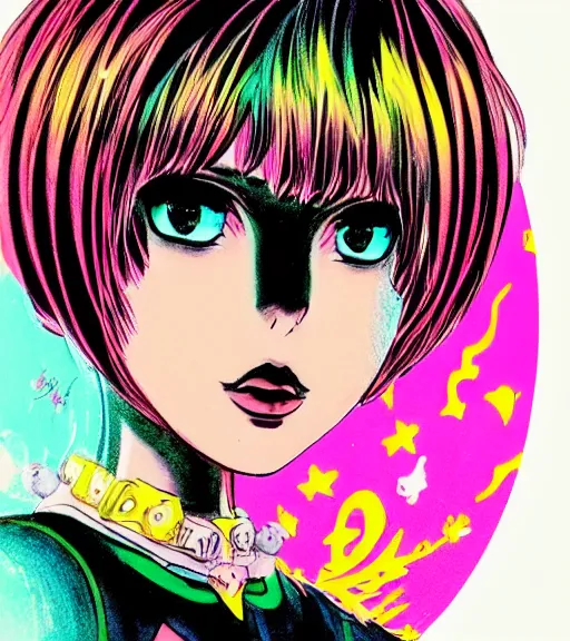 Prompt: beautiful portrait of a black bobcut hair style magical girl in a blend of 8 0 s anime - style art, vibrant composition and color, filtered through a cybernetic lens, by hiroyuki mitsume - takahashi and noriyoshi ohrai, pastel colors, hand - drawn animation, cel shading, contour hatching, highly detailed, bokeh